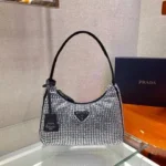 PRADA SPARKLING HOBO BAG 23 IN BLACK NYLON ATTACHED FULLY CRYSTALS