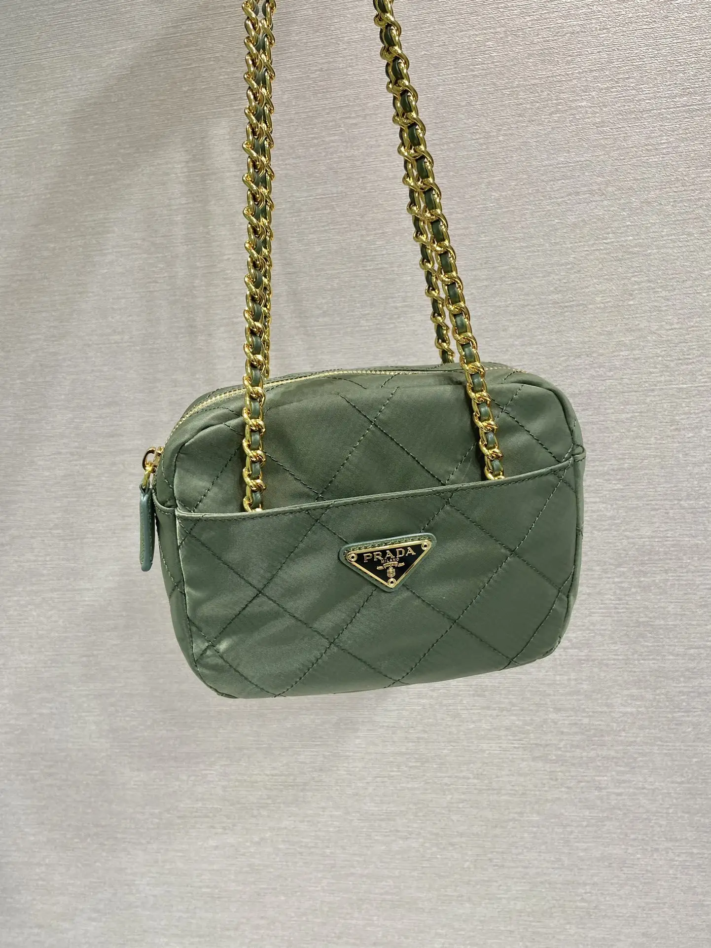 PRADA QUILTED HOBO BAG 19 IN PICKLE GREEN HANDMADE NYLON GOLD HARDWARE