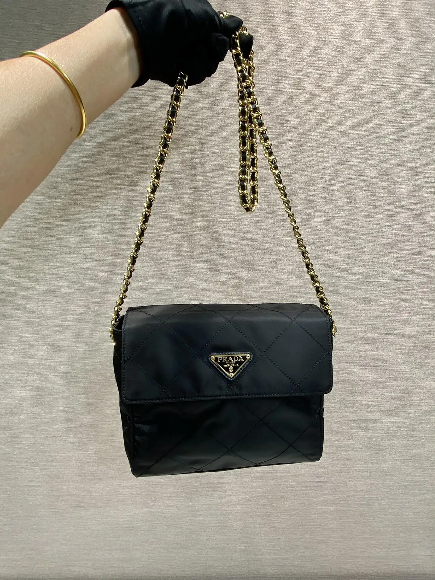 PRADA LARGE QUILTED FLAP BAG 23 IN BLACK RE-NYLON FABRIC GOLD CHAIN