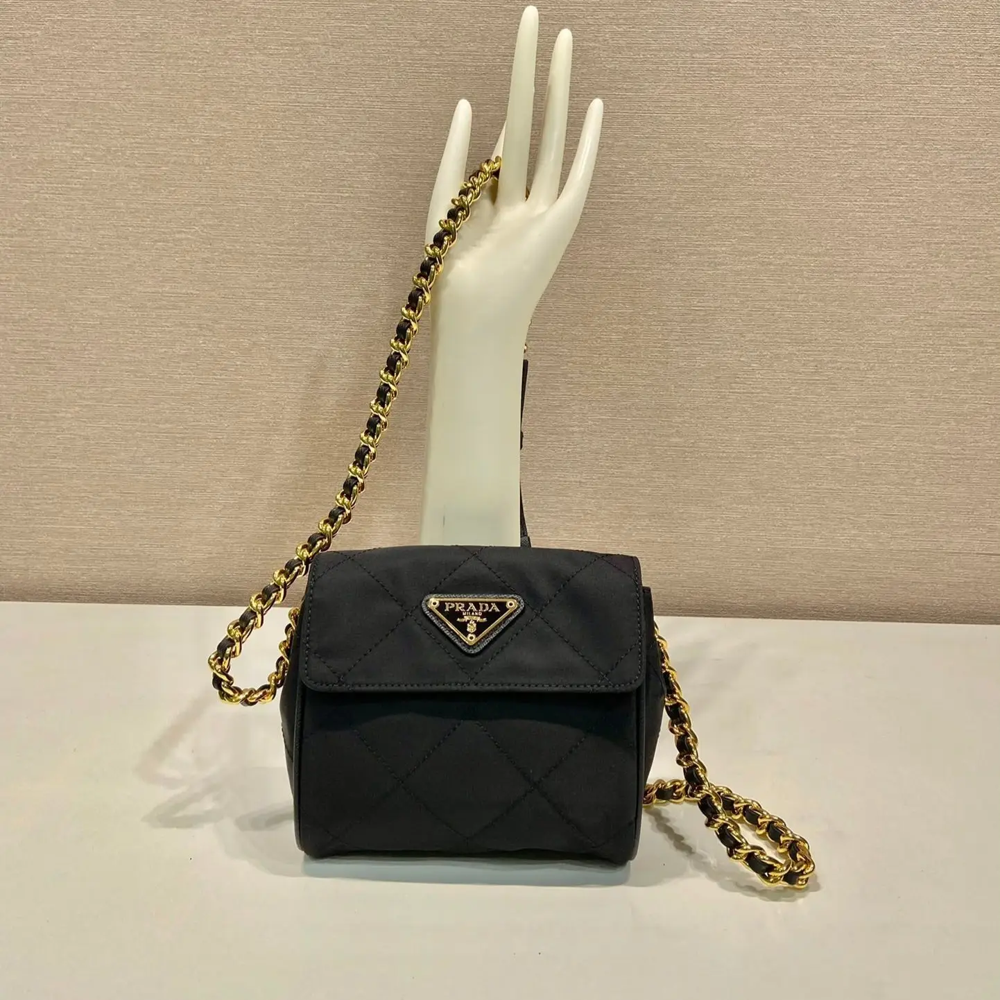 PRADA MINI QUILTED FLAP BAG 14 IN BLACK RE-NYLON FABRIC GOLD CHAIN