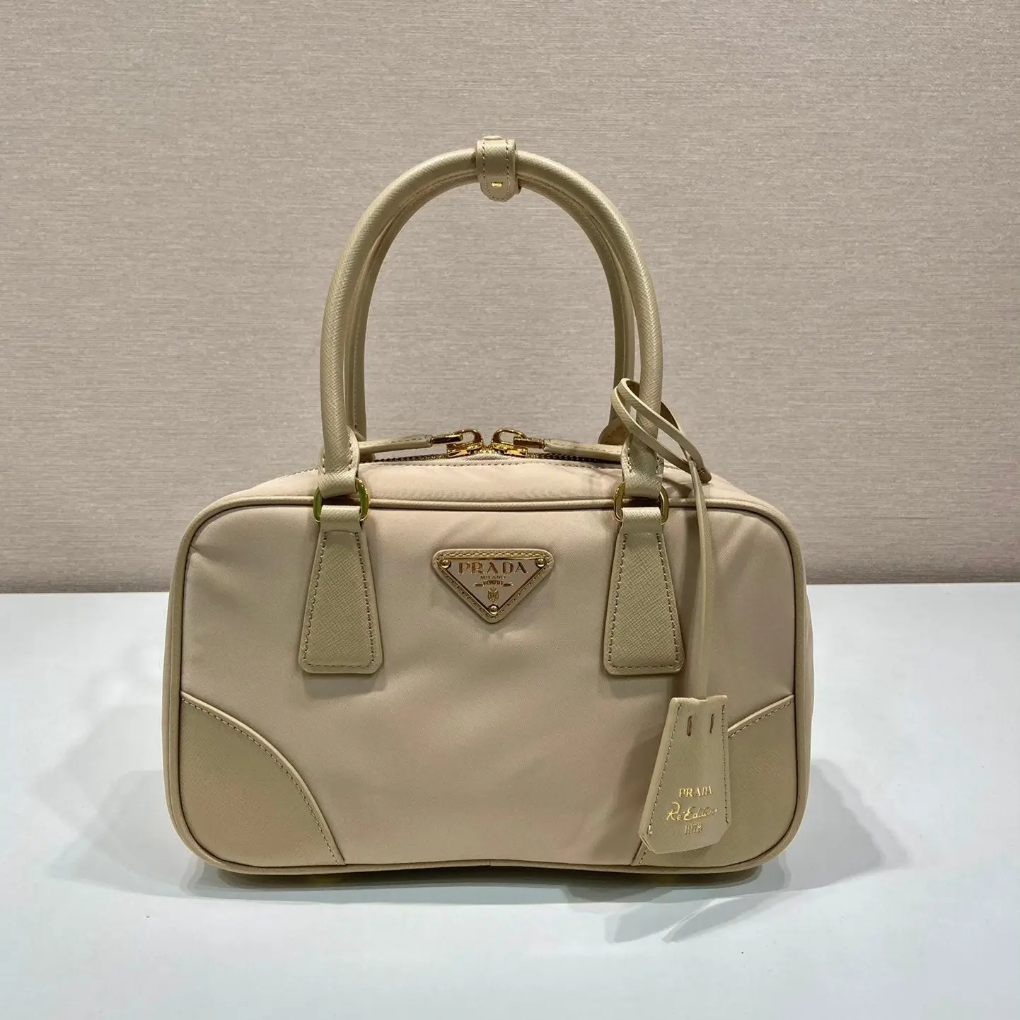 PRADA SMALL TOP HANDLE BAG 25 IN DRIED MOSS NYLON AND CALFSKIN TRIM