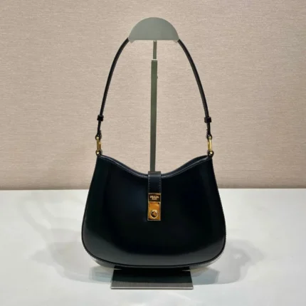 PRADA CLEO SHOULDER BAG 22 IN BLACK BRUSHED LAMBSKIN WITH CLASP CLOSURE