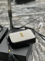 SAINT LAURENT Lou Medium Ysl Striped Canvas Camera Crossbody Bag In Grey Cream - Image 2