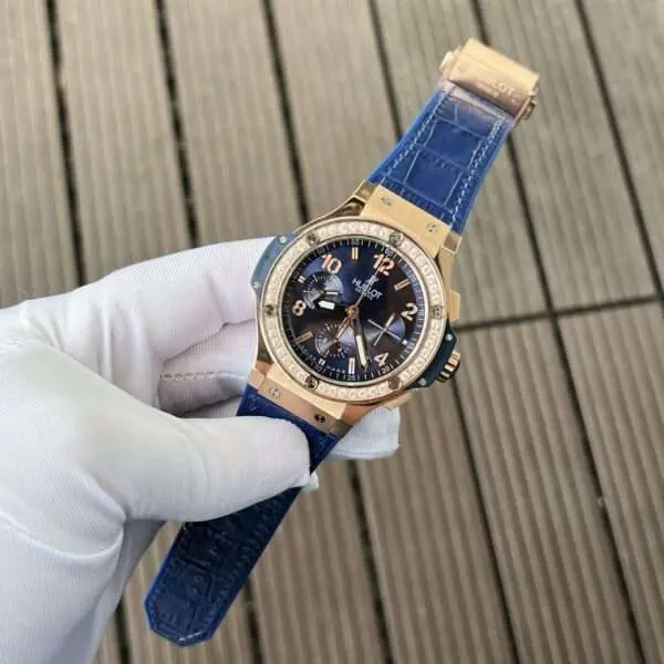 Hublot Big Bang Chronograph Replica Watch King Gold Blue With Diamond Bezel 44mm