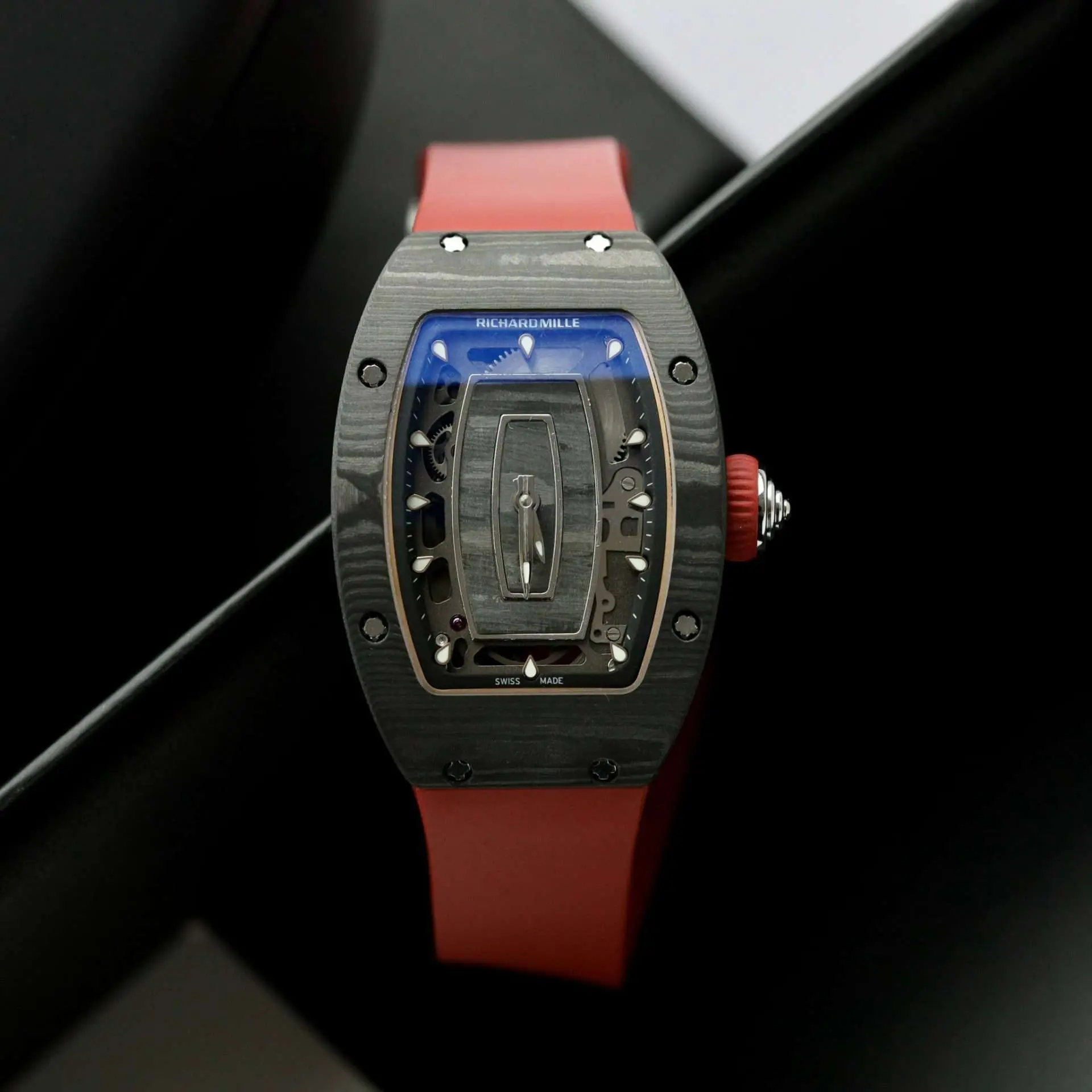 Richard Mille Replica 1:1 Watch RM07 Carbon Black Red Rubber Strap 36mm