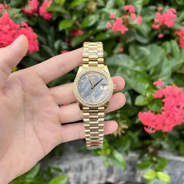 Rolex Day-Date Purple Mother of Pearl Dial Diamond Bezel Replica Watch 40mm