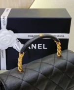 Chanel Handle Womans Black Leather Handbags Pebbled Leather 19cm - Image 4