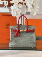 Hermes Birkin Genuine Crocodile Leather Gray and Red Custom Made - Image 7
