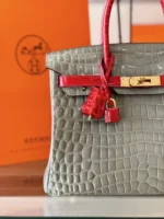 Hermes Birkin Genuine Crocodile Leather Gray and Red Custom Made - Image 5