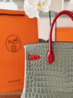 Hermes Birkin Genuine Crocodile Leather Gray and Red Custom Made - Image 2