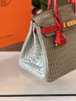 Hermes Birkin Genuine Crocodile Leather Gray and Red Custom Made - Image 4