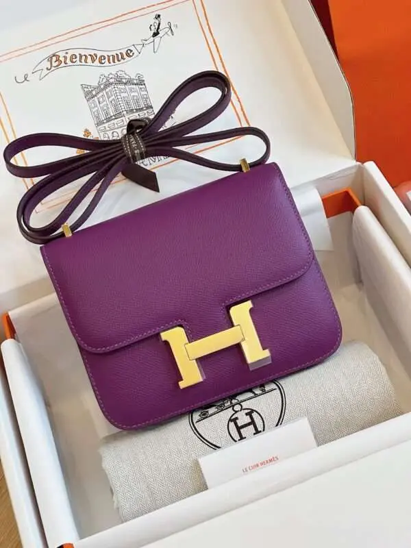 Hermes Constance Bag Epsom Gold Purple With Lock Gold Like Auth Handbags 19cm