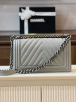 Chanel Boy Medium Handbags Grey Leather With Silver Lock 25cm - Image 5