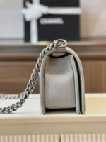 Chanel Boy Medium Handbags Grey Leather With Silver Lock 25cm - Image 4