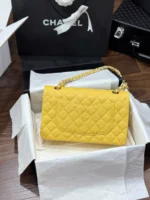 Chanel Classic Sheepskin Yellow Womans Handbags Like Auth 23cm - Image 4