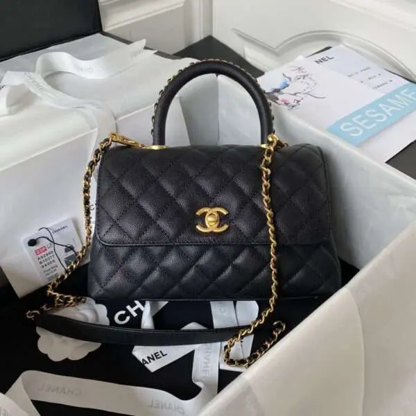 Chanel Coco Handbags Womans Lizard Skin Black 24cm