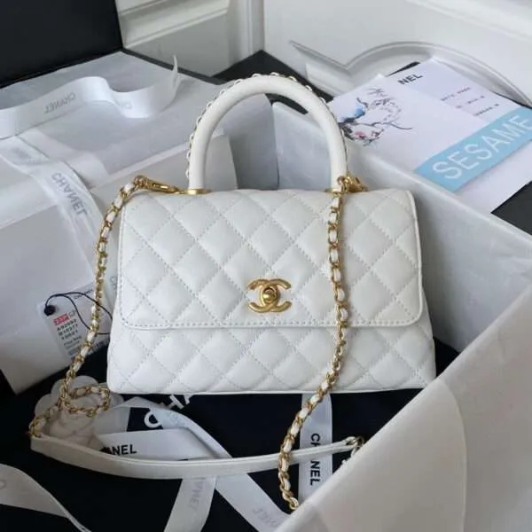 Chanel Coco White Womans Handbags With Lock Gold 24cm