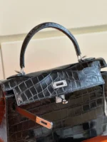 Hermes Kelly 28 Black Genuine Crocodile Leather Palladium Hardware - Image 4