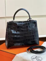 Hermes Kelly 28 Black Genuine Crocodile Leather Palladium Hardware - Image 5