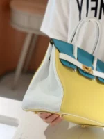 Hermès Lime, Bleu de Galice and Gris Perle Chèvre Tri-Color HSS Birkin 25 Brushed Gold Hardware - Image 2