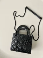 Dior Lady Matte Like Auth Women's Handbag Black Diamond Pattern 17cm - Image 2