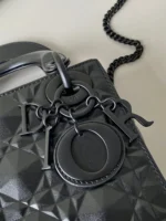 Dior Lady Matte Like Auth Women's Handbag Black Diamond Pattern 17cm - Image 9