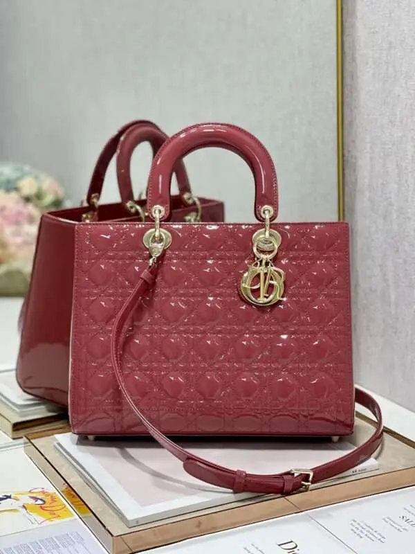 Dior Lady Replica 11 Women's Handbag Red Glossy Leather Gold Lock 32cm