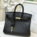 Hermes Birkin 25 Black Ostrich Leather Gold Hardware
