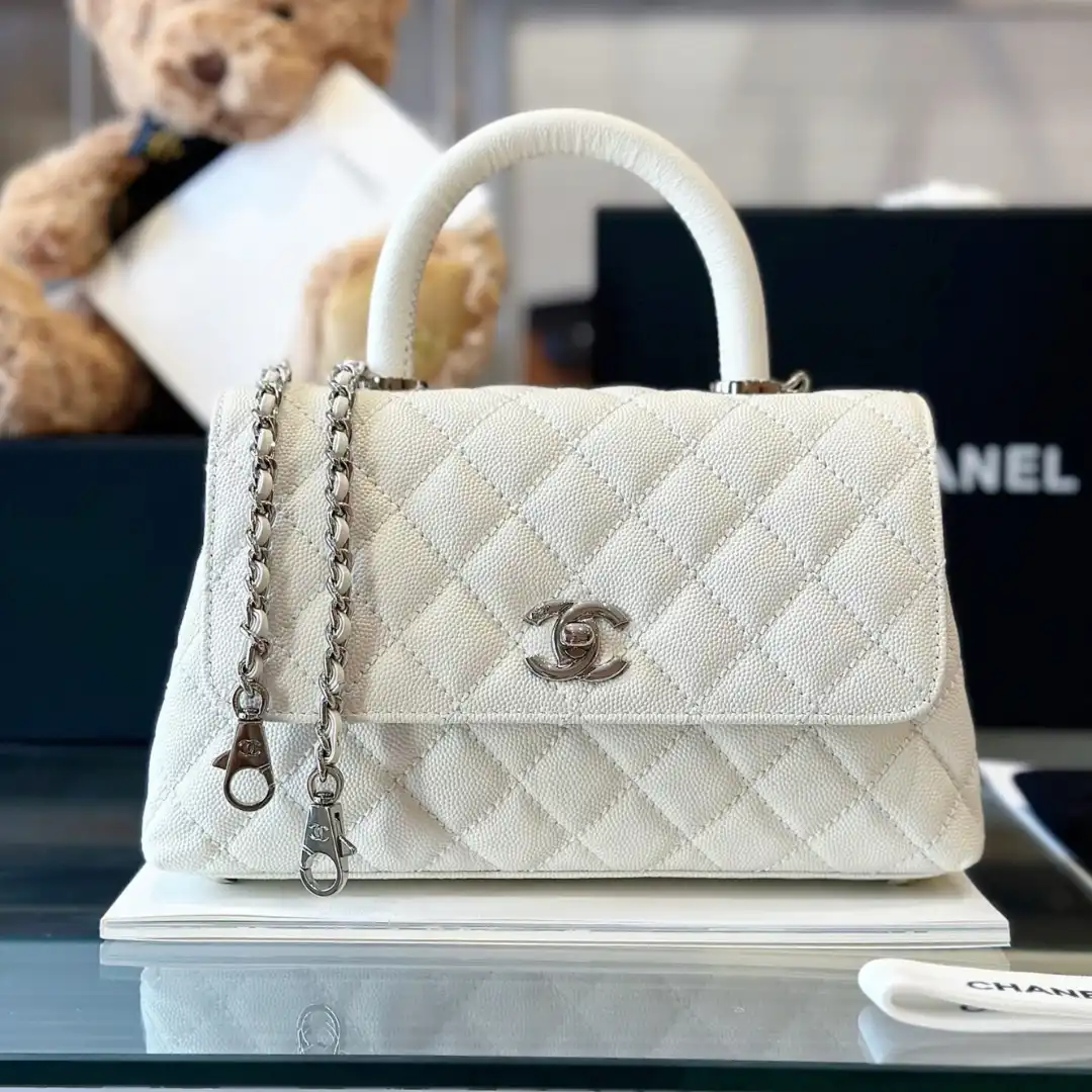Chanel Coco Handbags Leather White With Silver Lock Womans 23cm