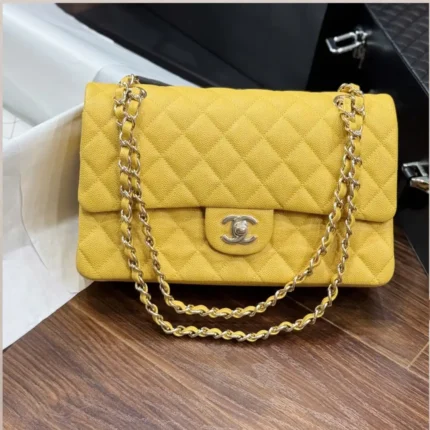 Chanel Classic Sheepskin Yellow Womans Handbags Like Auth 23cm