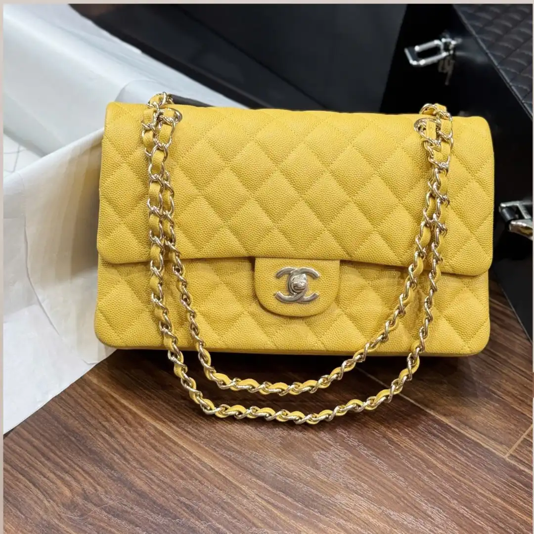 Chanel Classic Sheepskin Yellow Womans Handbags Like Auth 23cm