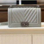 Chanel Boy Medium Handbags Grey Leather With Silver Lock 25cm