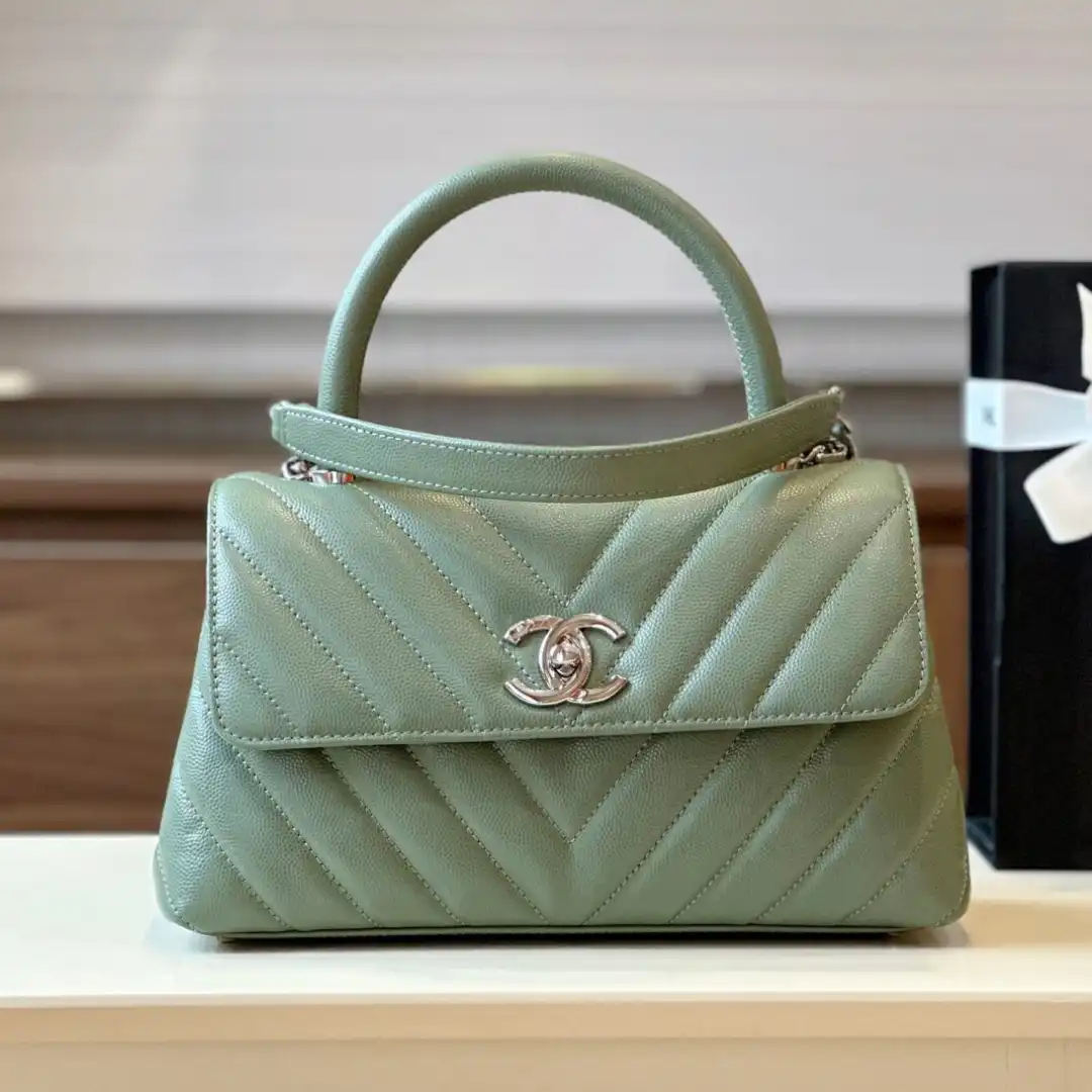 Chanel Coco V-shaped Pattern Replica 11 Handbag Green With Silver Lock 25cm
