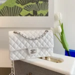 Chanel Classic Handbags Lizard Skin White With Silver Lock 25cm