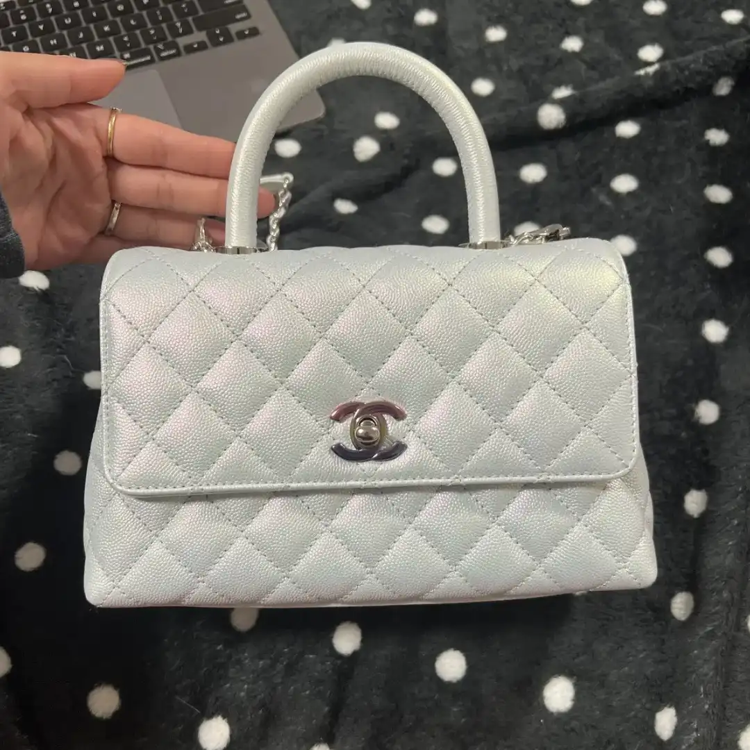 Chanel Coco Handbag Leather Light Grey Womans 23cm