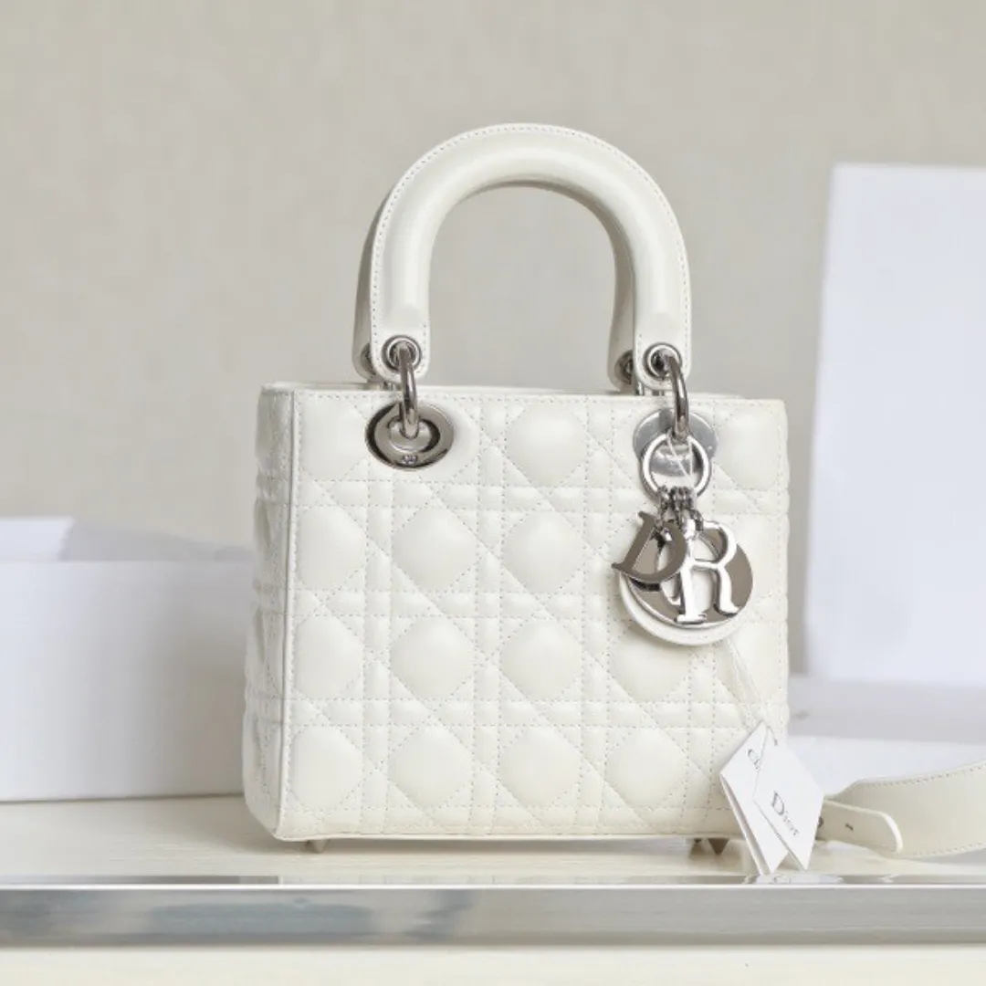 Dior My Lady Rep 11 High-end Women's Handbag White Silver Lock 20×16.5cm