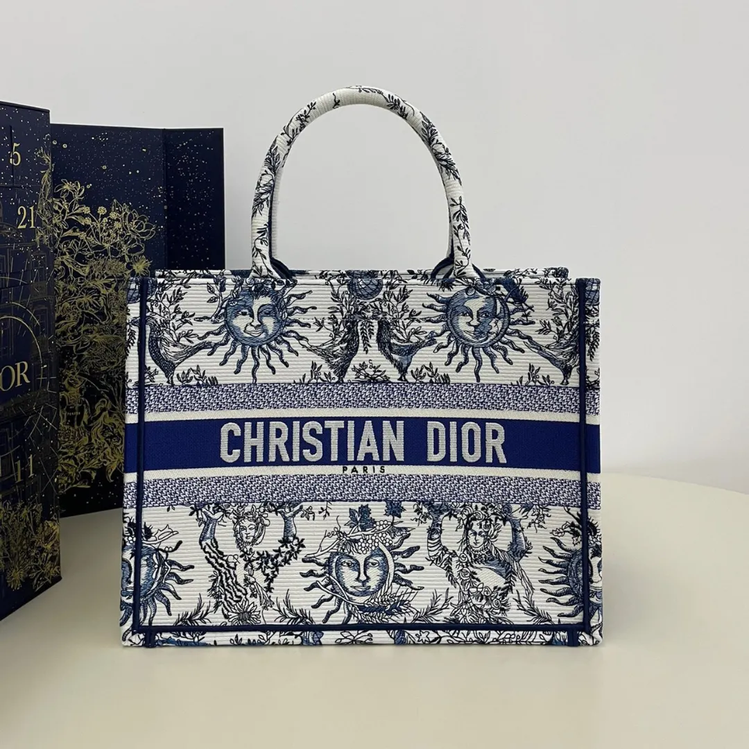 Dior Book Tote Women's Handbag Embroidered Fabric Size 36cm