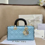 Dior D-Joy Women's Handbag, Ice Blue Cowhide Leather, Like Auth 26cm
