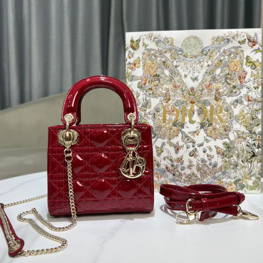 Dior Lady Mini Super Quality Women's Handbag, Glossy Red, 17cm