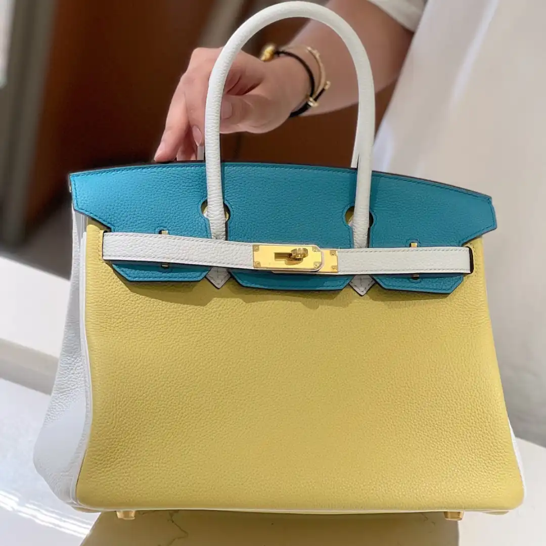 Hermès Lime, Bleu de Galice and Gris Perle Chèvre Tri-Color HSS Birkin 25 Brushed Gold Hardware