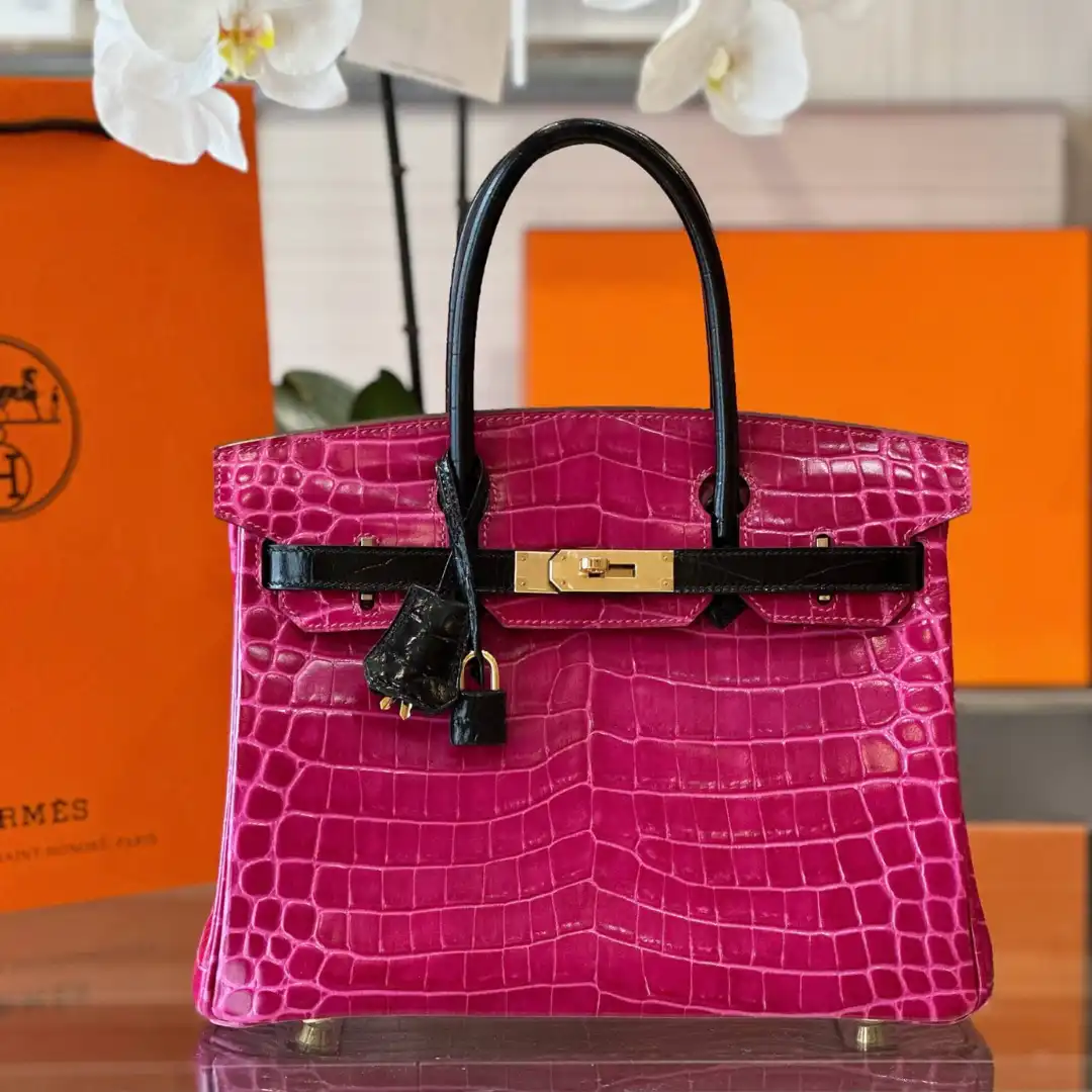 Hermes Birkin Pink/Black Genuine Crocodile Leather Gold Hardware - Custom Made
