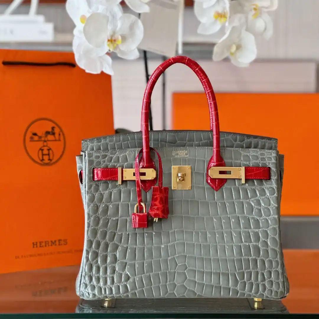 Untitled-design-2025-05-30T205904.651 Hermes Birkin Genuine Crocodile Leather Gray and Red Custom Made - Image 1