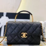 Chanel Handle Womans Black Leather Handbags Pebbled Leather 19cm
