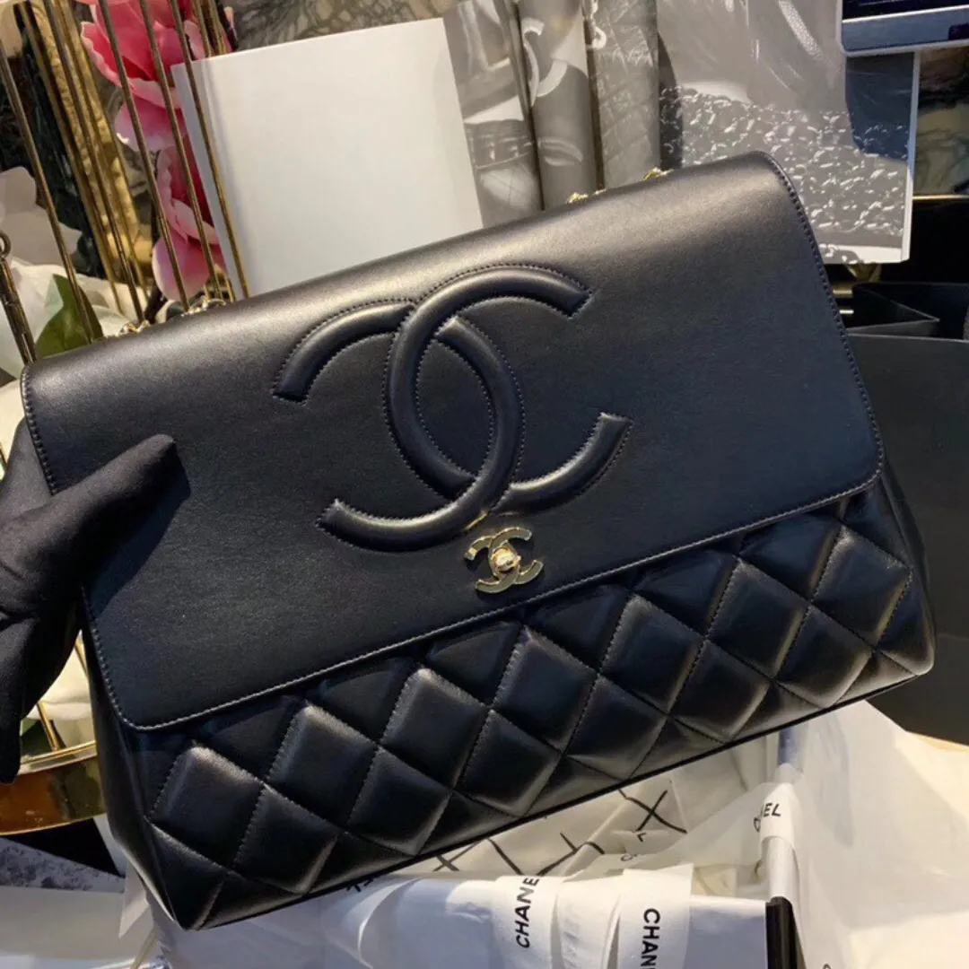 Chanel Shopping Handbags Womans Black Leather 33x23x11cm