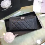 Chanel Wallet Like Auth Black Grained Leather Silver Lock 19x10cm