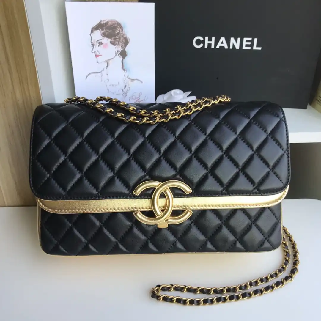 Chanel Womans Like Auth Handbags Black Mix Yellow Leather 25cm