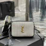SAINT LAURENT Lou Medium Ysl Striped Canvas Camera Crossbody Bag In Grey Cream