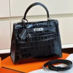 Hermes Kelly 28 Black Genuine Crocodile Leather Palladium Hardware