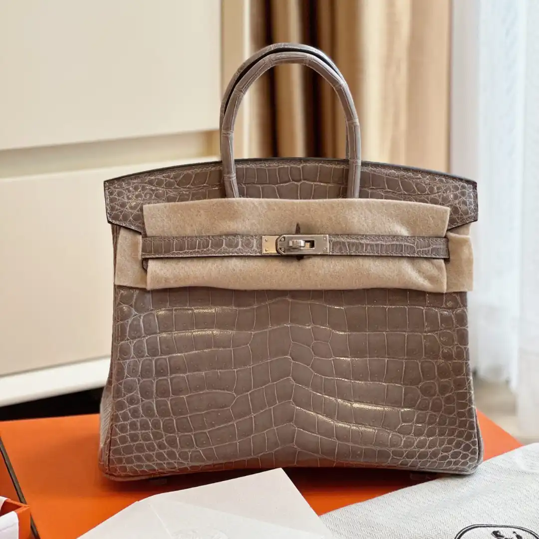 Hermes Etoupe Birkin 25 Porosus Genuine Crocodile Leather Palladium Hardware