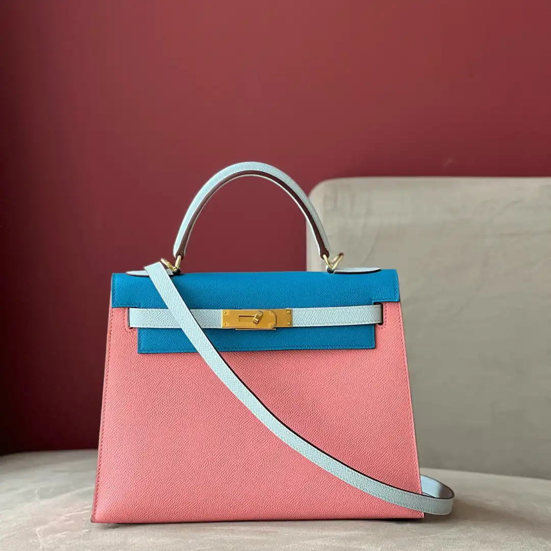 Hermes Kelly 28 Epsom Light Blue/ Electric Blue/Rose Pink Gold Hardware